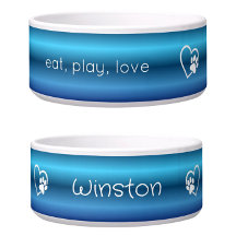 Personalised Dog Name Bowl Blue 'eat, play, love'