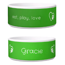 Personalised Dog Name Bowl Green 'eat, play, love'