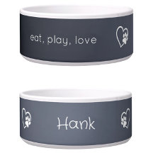 Personalised Dog Name Bowl Grey 'eat, play, love'