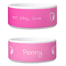 Personalised Dog Name Bowl Pink 'eat, play, love'