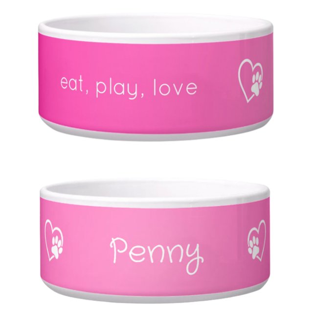 Personalised Dog Name Bowl Pink 'eat, play, love' (Creator Uploaded)