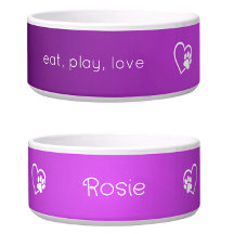 Personalised Dog Name Bowl Purple eat, play, love