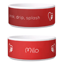 Personalised Dog Name Bowl Red 'drink drip splash'