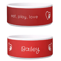Personalised Dog Name Bowl Red 'eat, play, love'