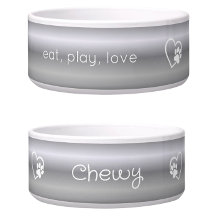 Personalised Dog Name Bowl Silver eat, play, love