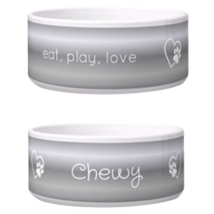 Personalised Dog Name Bowl Silver eat, play, love