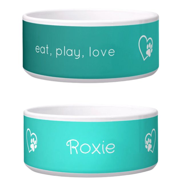 Personalised Dog Name Bowl Teal 'eat, play, love' (Creator Uploaded)