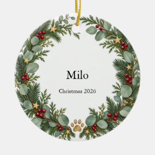 Personalised Dog Name Christmas Evergreen Wreath Ceramic Tree Decoration