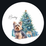 Personalised Dog Name Yorkie with Christmas Tree Classic Round Sticker<br><div class="desc">Cute Yorkie and Christmas tree watercolor art</div>