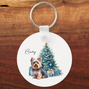 Personalised Dog Name Yorkie with Christmas Tree Key Ring