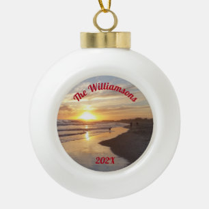 Personalised Dog on Beach at Sunset Ceramic Ball Christmas Ornament