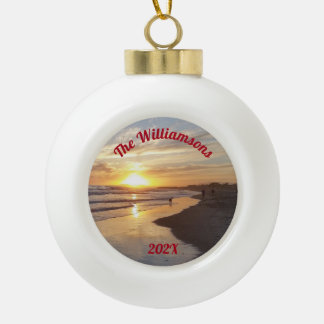 Personalised Dog on Beach at Sunset Ceramic Ball Christmas Ornament