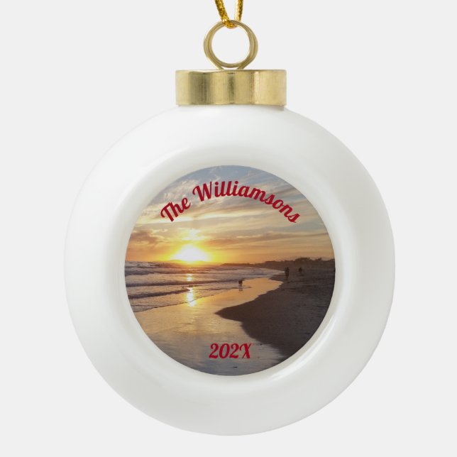 Personalised Dog on Beach at Sunset Ceramic Ball Christmas Ornament (Front)