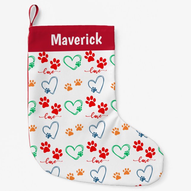 Personalised DOG PAW PRINTS and LOVE HEARTS Small Christmas Stocking (Front)