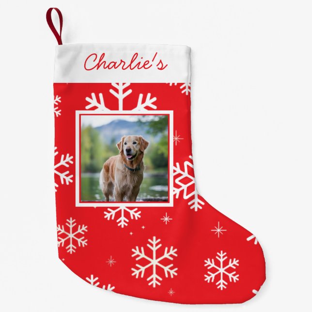 Personalised Dog Pet Photo Christmas Snowflakes    Small Christmas Stocking (Front)