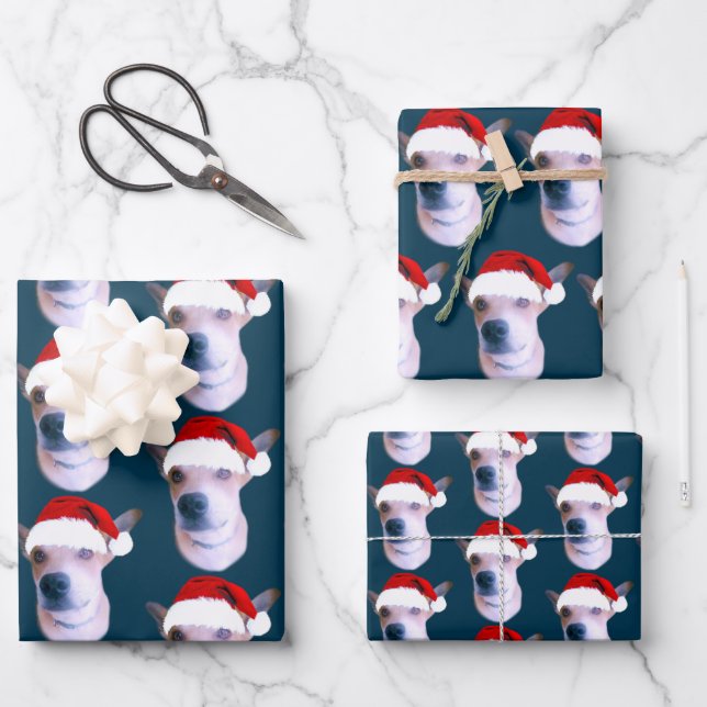 Personalised Dog Photo Blue Christmas Wrapping Paper Sheet (Front)