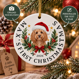 Personalised Dog Photo Christmas Santa Hat Ceramic Tree Decoration