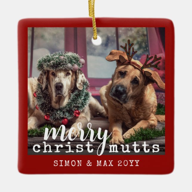 Personalised Dog Photo Cute Red Christmas Ceramic Ornament (Front)