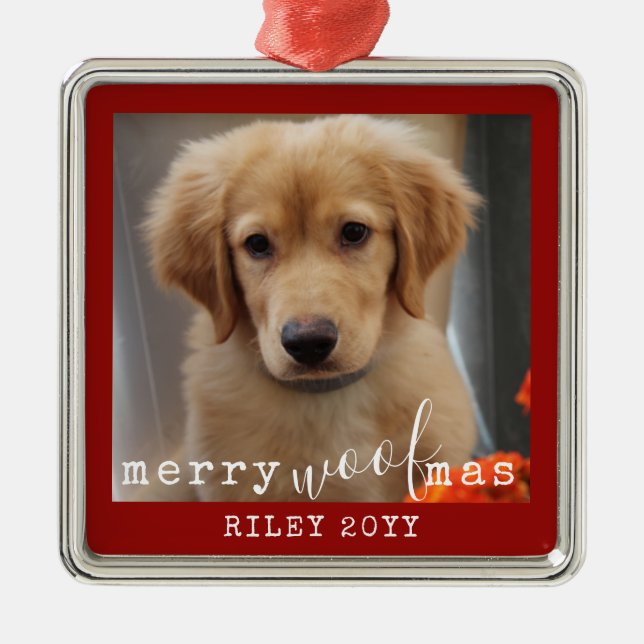 Personalised Dog Photo Merry WoofMas Rustic Red Metal Tree Decoration (Front)