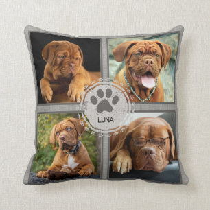 Personalised Dog Photo Pillow 4 Photos Name Grey