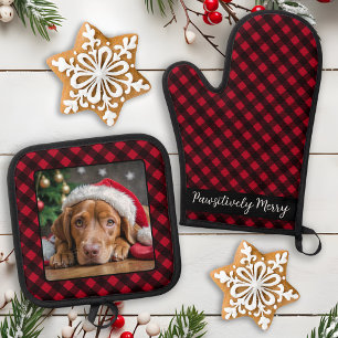 Personalised Dog Photo Red Buffalo Plaid Christmas Oven Mitt & Pot Holder Set