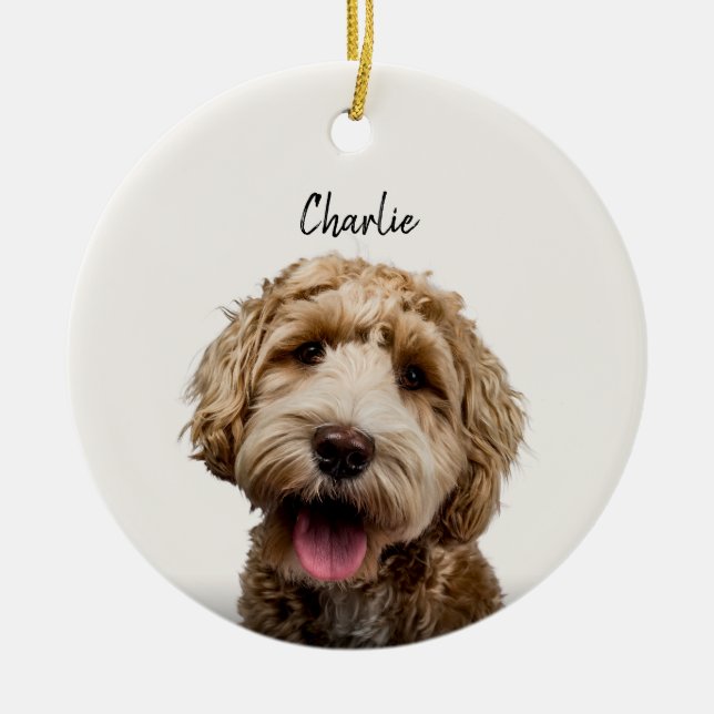 Personalised Dog Portrait with Custom Name Ceramic Tree Decoration (Front)