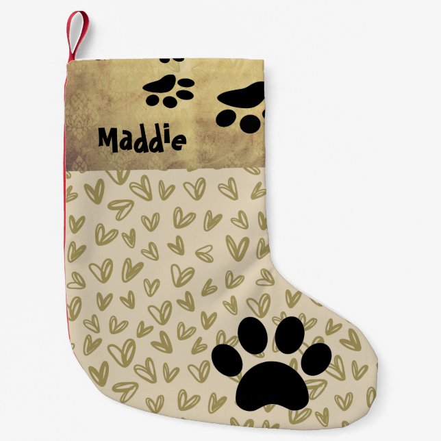Personalised Dog with Hearts and Paw Print Small Christmas Stocking (Front)