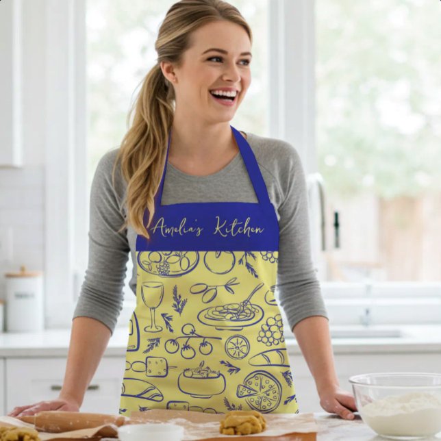 Personalised Dolce Vita Food Pattern Blue Yellow Apron (Creator Uploaded)