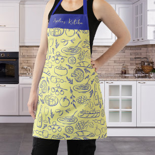Personalised Dolce Vita Food Pattern Blue Yellow Apron