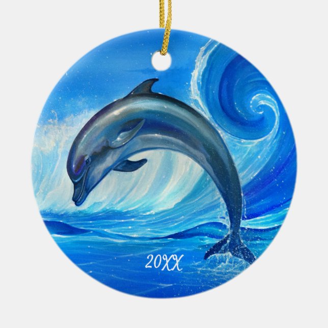 Personalised Dolphin Ornaments | Blue Ocean Wave (Front)