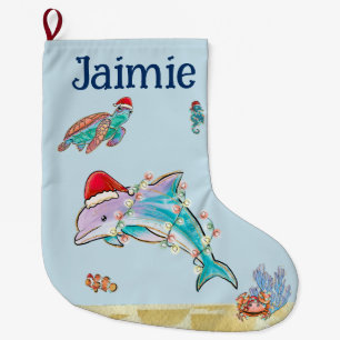 Personalised Dolphin Turtle Ocean Watercolor Large Christmas Stocking