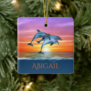Personalised Dolphins Jumping Ocean Christmas Ceramic Ornament