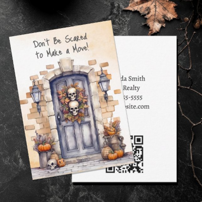 Personalised Don't Be Scared Estate Pop By Card (Don't Be Scared to Make a Move Halloween Real Estate Pop By Card with QR code. Editable)