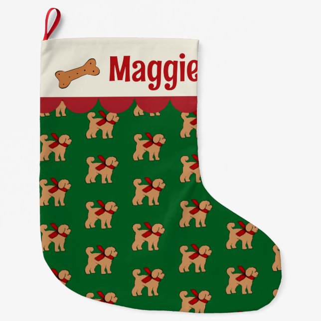 Personalised Doodle Dog Red Green Tan Large Christmas Stocking (Front)