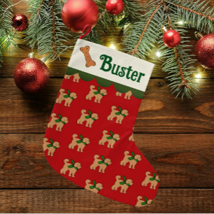 Personalised Doodle Dog Red Green Tan Large Christmas Stocking