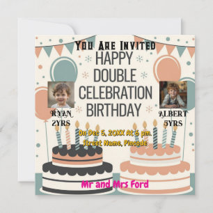 Personalised Double Birthday Two Cakes Invitation