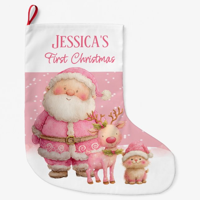 Personalised  Double Sided  Pink First Christmas Large Christmas Stocking (Front)