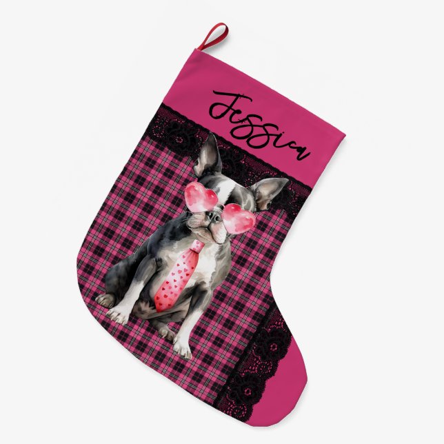 Personalised  Double sided Quirky Boston Terrier Large Christmas Stocking (Front (Hanging))