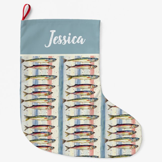 Personalised  Double Sided Quirky Sardine Design Large Christmas Stocking (Front)