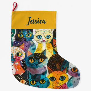 Personalised  Double Sided Whimsical Cat Design Large Christmas Stocking