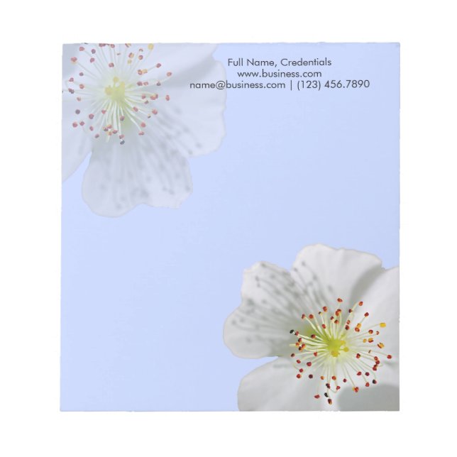 Personalised Double White Flower Bloom, Light Blue Notepad (Front)