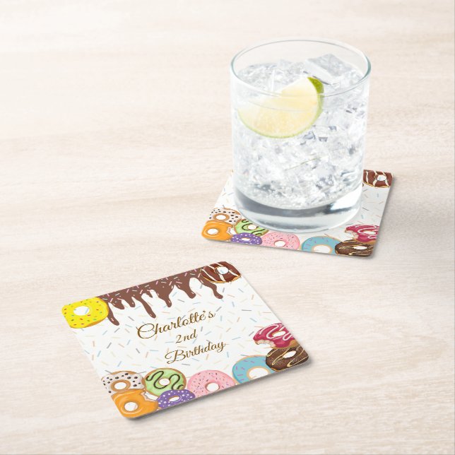 Personalised Doughnut Party  Square Paper Coaster (Insitu)