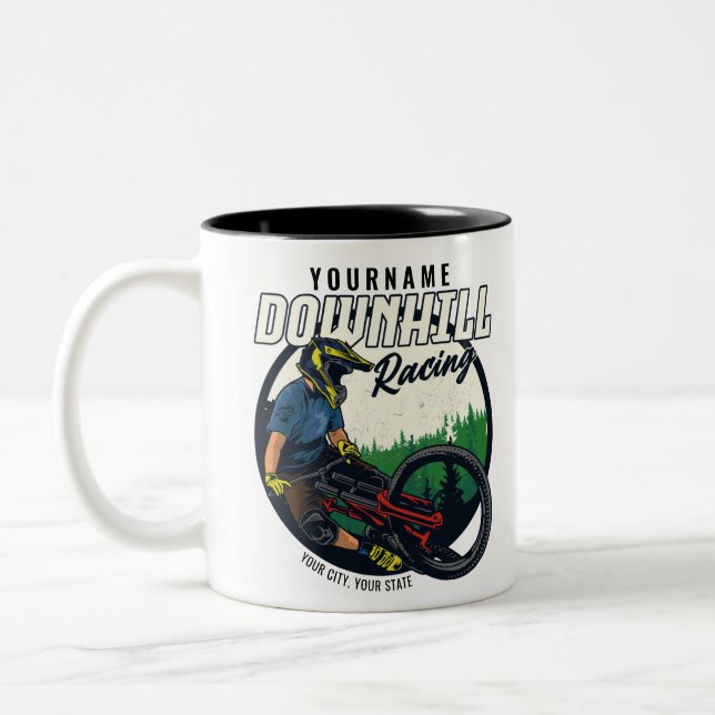 Personalised Downhill Racing Mountain Bike Trail   Two-Tone Coffee Mug (Left)