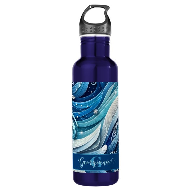 Personalised Dreamy Blue and Frosty Winter Swirls 710 Ml Water Bottle (Front)