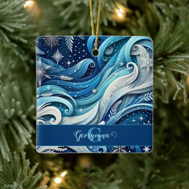 Personalised Dreamy Blue and Frosty Winter Swirls Ceramic Ornament (Tree)