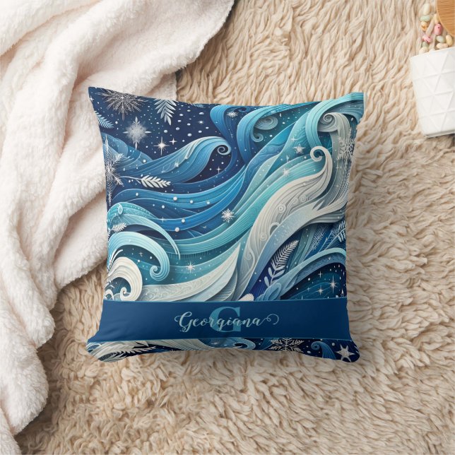 Personalised Dreamy Blue and Frosty Winter Swirls Cushion (Blanket)