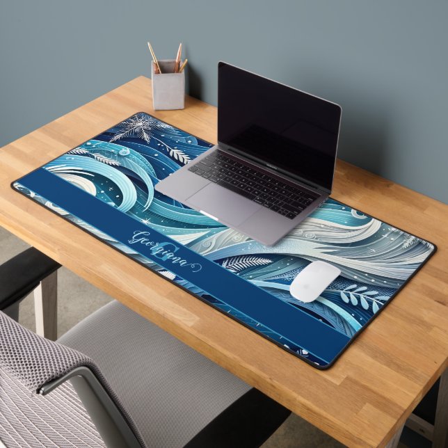 Personalised Dreamy Blue and Frosty Winter Swirls Desk Mat (Office 2)