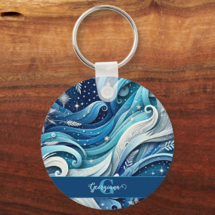 Personalised Dreamy Blue and Frosty Winter Swirls Key Ring