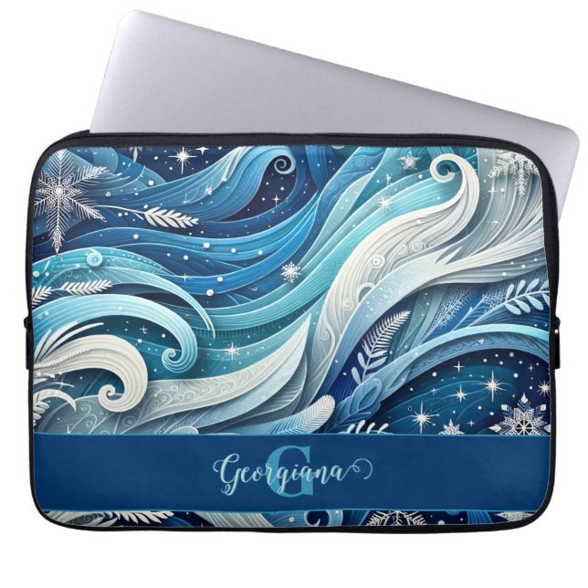 Personalised Dreamy Blue and Frosty Winter Swirls Laptop Sleeve (Front)