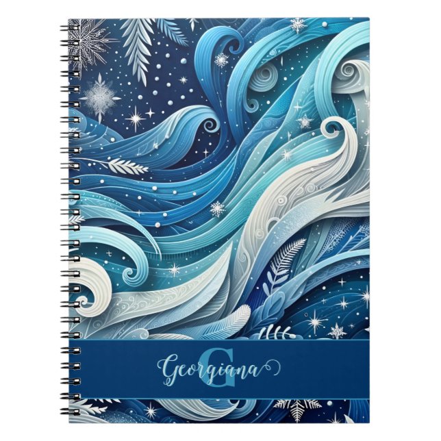 Personalised Dreamy Blue and Frosty Winter Swirls Notebook (Front)